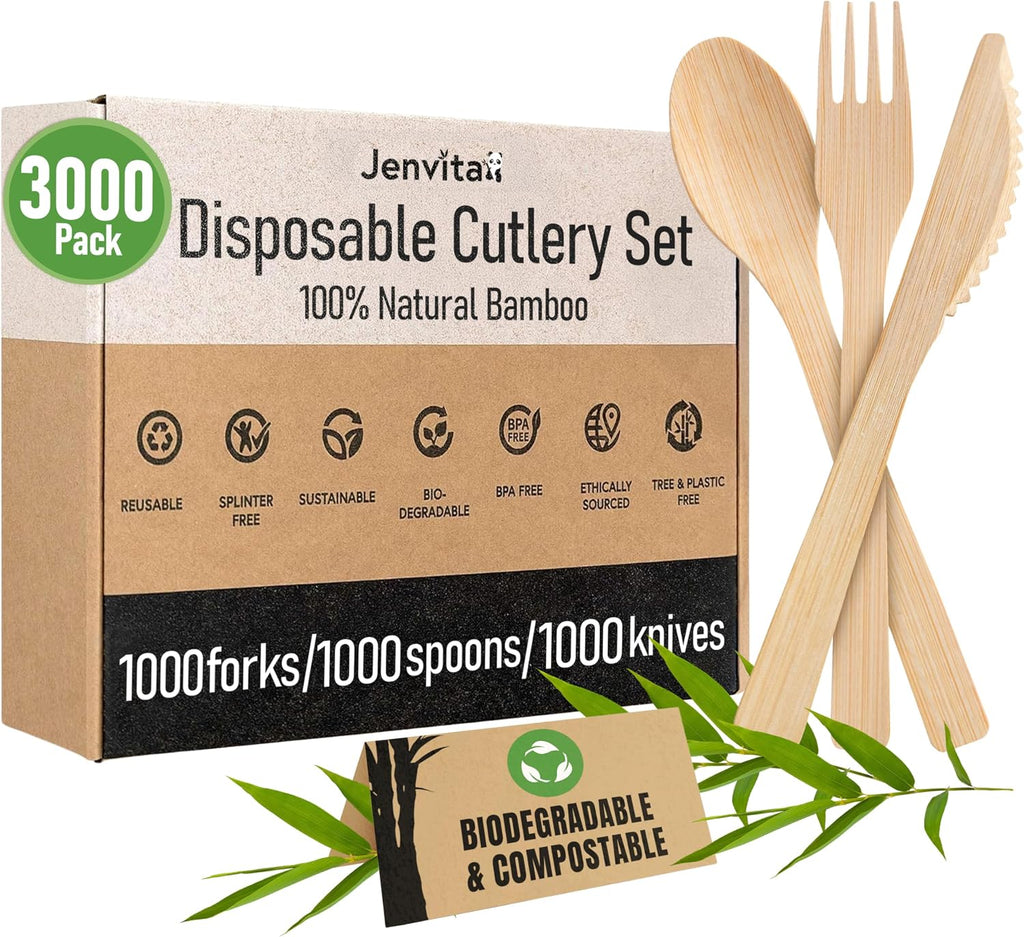 100% Bamboo Cutlery Set - 3000 Utensil Disposable Set (1000 Forks, 1000 Spoons, 1000 Knives) | Reusable or Disposable Utensils for Party | FSC Certified Flatware for Weddings, Camping, Parties