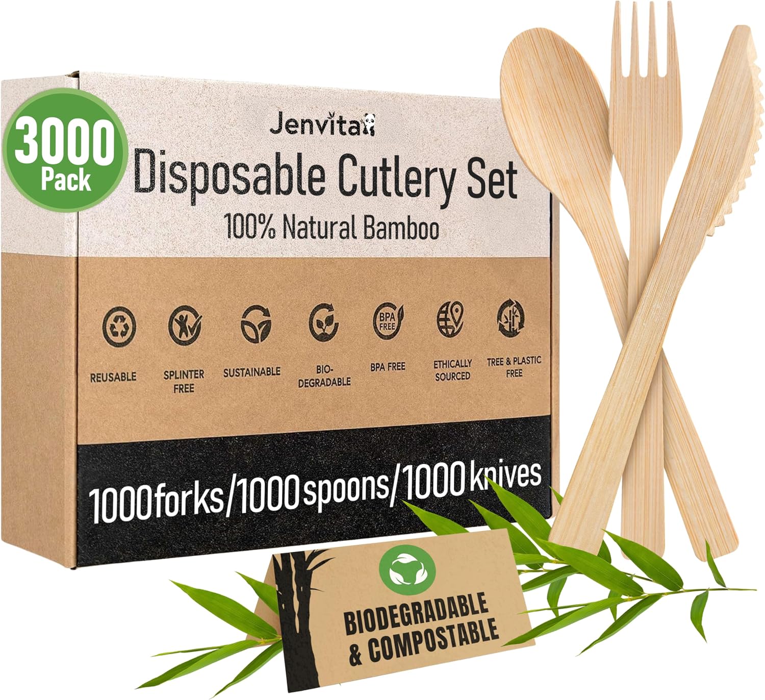 100% Bamboo Cutlery Set - 3000 Utensil Disposable Set (1000 Forks, 1000 Spoons, 1000 Knives) | Reusable or Disposable Utensils for Party | FSC Certified Flatware for Weddings, Camping, Parties