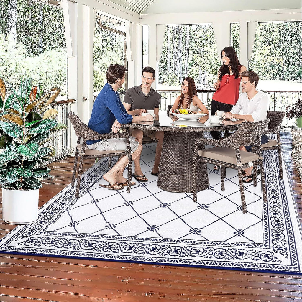 Outdoor Rug 10'x14' for Patios Waterproof Patio Rugs Outdoor Mats for Front Porch,Beach Mat,Reversible Plastic Straw Camping Rugs for Outside RV,Deck,Balcony,Backyard Navy Blue