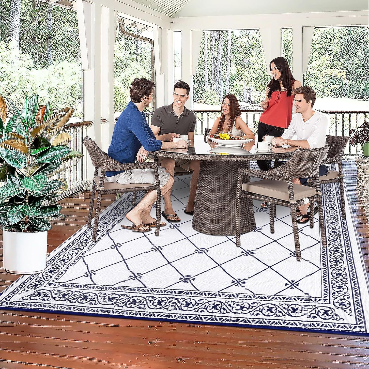Outdoor Rug 10'x14' for Patios Waterproof Patio Rugs Outdoor Mats for Front Porch,Beach Mat,Reversible Plastic Straw Camping Rugs for Outside RV,Deck,Balcony,Backyard Navy Blue