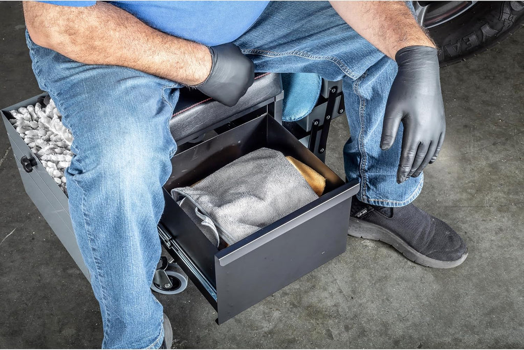 Powerbuilt Rolling Seat with Expandable Tool Trays, Roller Toolbox Garage Stool - Grey 941918ECE