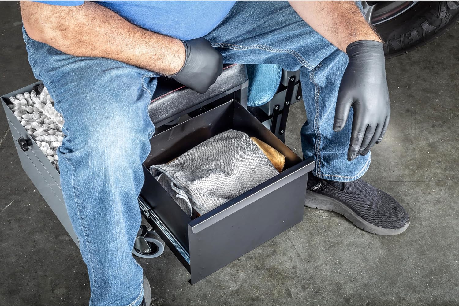 Powerbuilt Rolling Seat with Expandable Tool Trays, Roller Toolbox Garage Stool - Grey 941918ECE