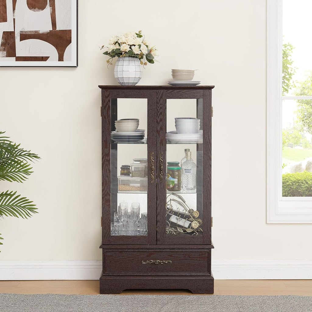 Display Cabinet with Glass Doors Drawer, Lighted Curio Cabinet with Adjustable Glass Shelves and Mirrored Back Panel, Retro Floor Standing Storage Cabinets for Living Room, Cherry