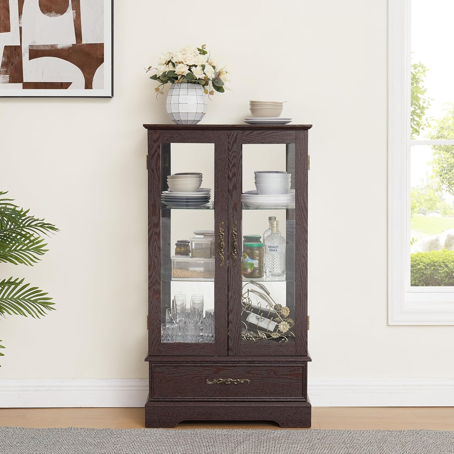 Display Cabinet with Glass Doors Drawer, Lighted Curio Cabinet with Adjustable Glass Shelves and Mirrored Back Panel, Retro Floor Standing Storage Cabinets for Living Room, Cherry