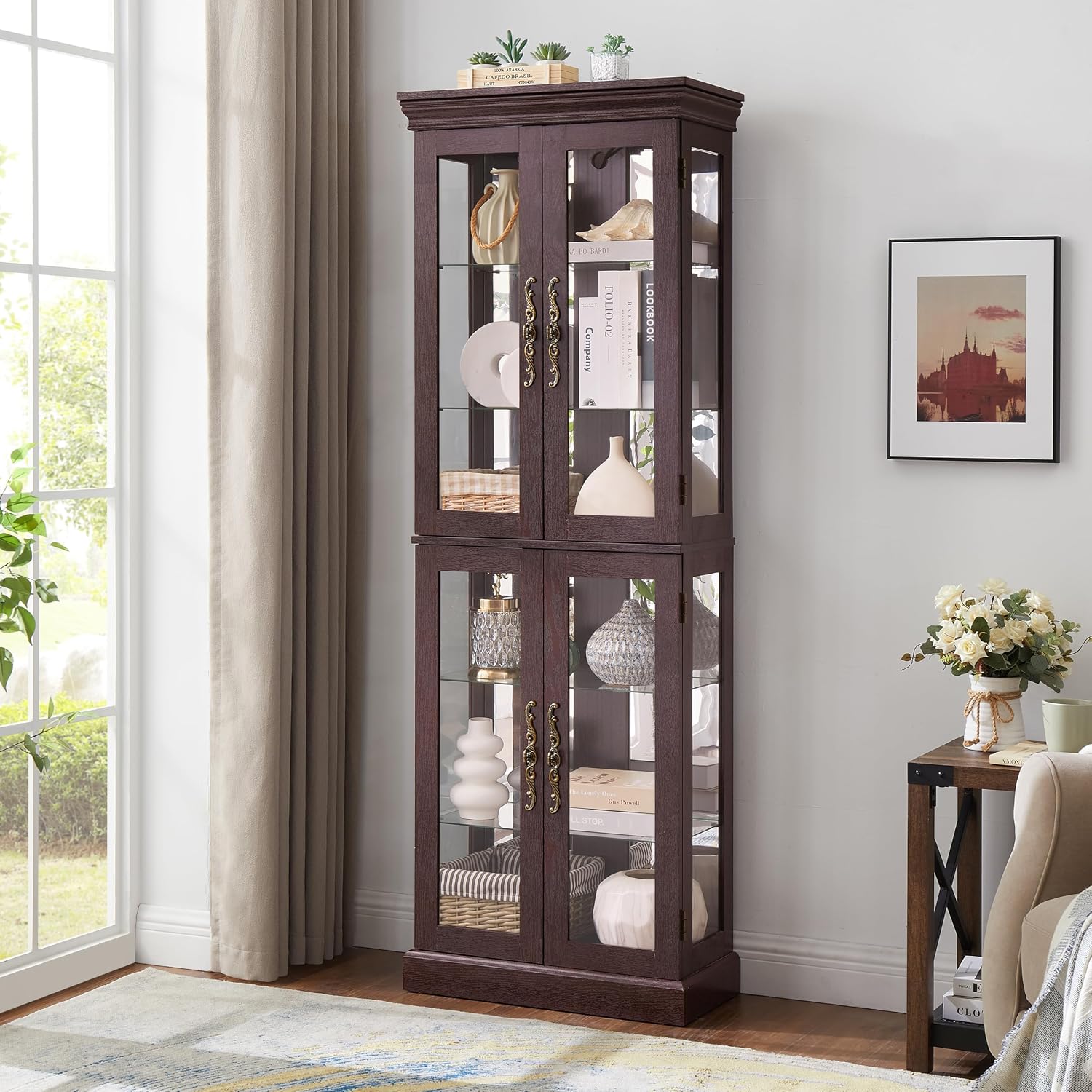 Ball & Cast Lighted Curio Cabinet,6-Tier Glass Display Cabinet with Adjustable Glass Shelves and Mirrored Back Panel for Living Room,Pantry Light Bulb Included,Dark Cherry
