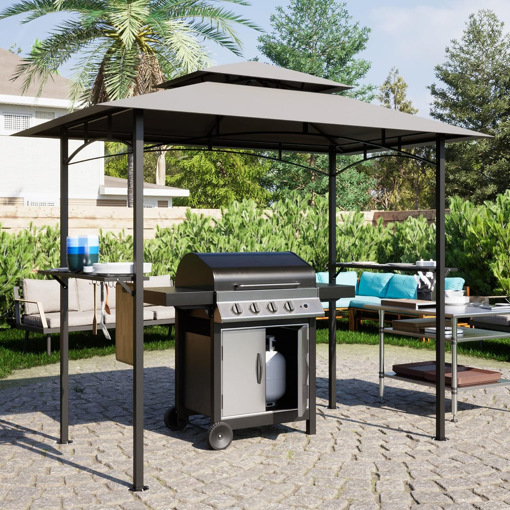 8X 5 FT Grill Gazebo Grill Canopy Double Tiered BBQ Gazebo Outdoor BBQ Canopy, Gray