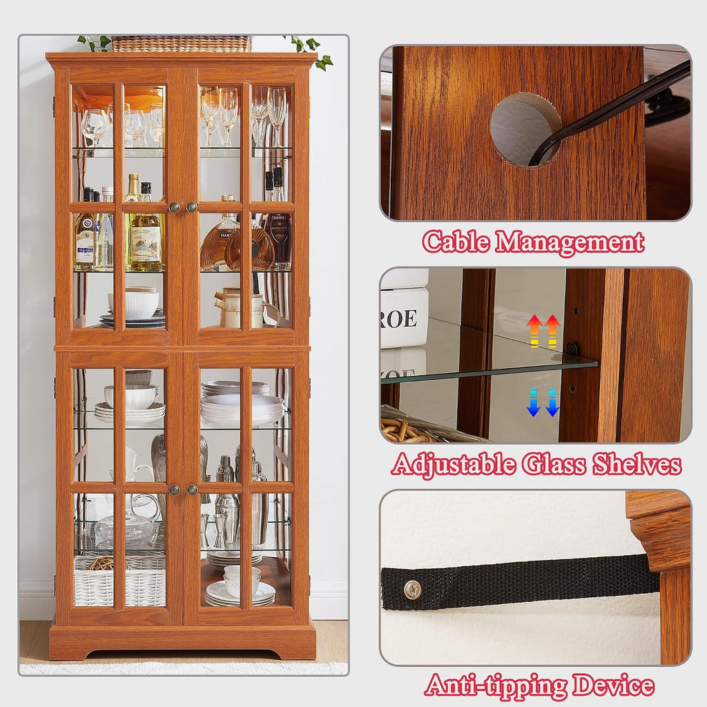 68' H Lighted Curio Display Cabinet Display Case,Wooden Glass Cabinet w/ 4 Adjustable Shelves & Glass Doors, 6 Tier Vintage Accent Storage Case w/Mirrored Back Pane for Home (Dark Oak)