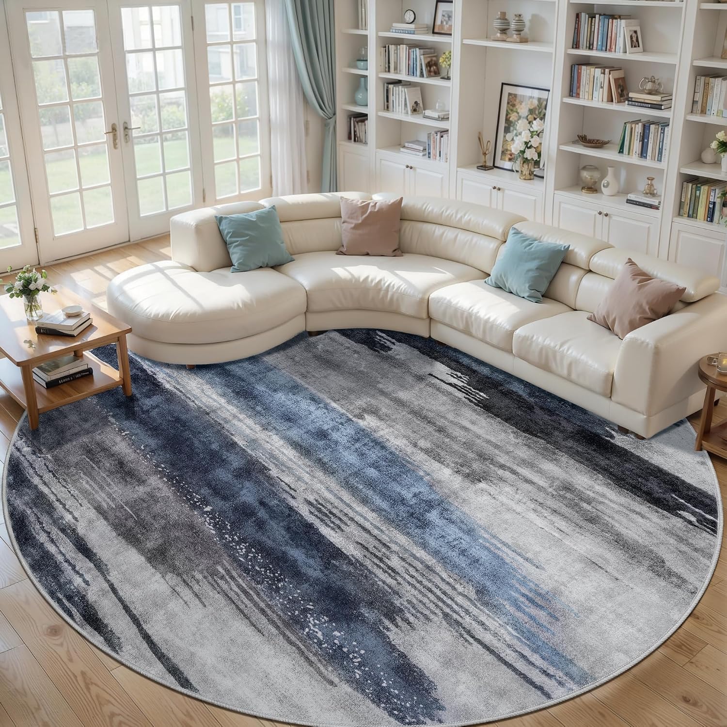 Ciicool 8ft Round Washable Rug, Modern Abstract Circle Rugs, Non-Slip Thin Lightweight Rug Navy Grey Circular Print Distressed Carpet for Bedroom Living Room Under Dining Table Home Office Decor