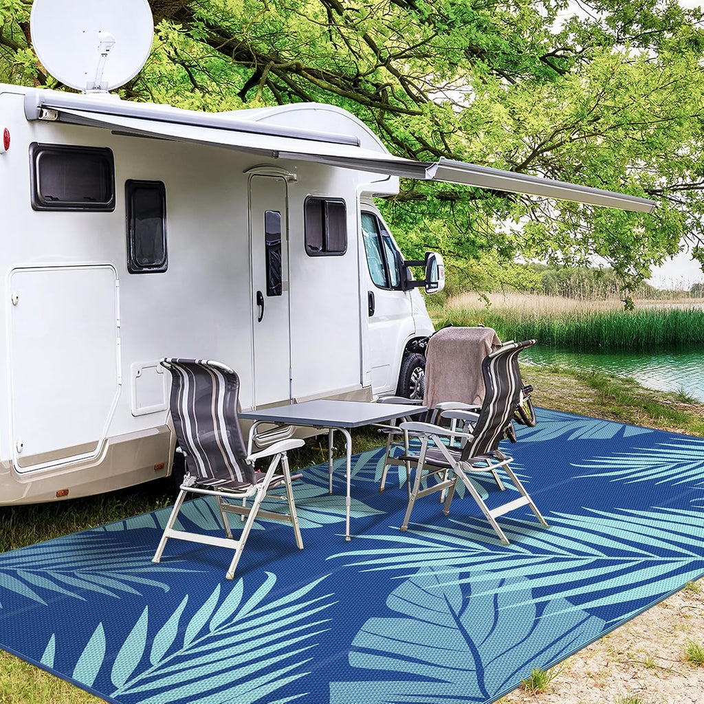 GENIMO Outdoor Rug 10' x 14' Waterproof for Patios Clearance, Reversible Outdoor Plastic Straw Camping Rug Carpet, Large Area Rugs Mats for RV, Camper, Deck, Balcony, Porch, Beach, Royalblue&Bluegreen