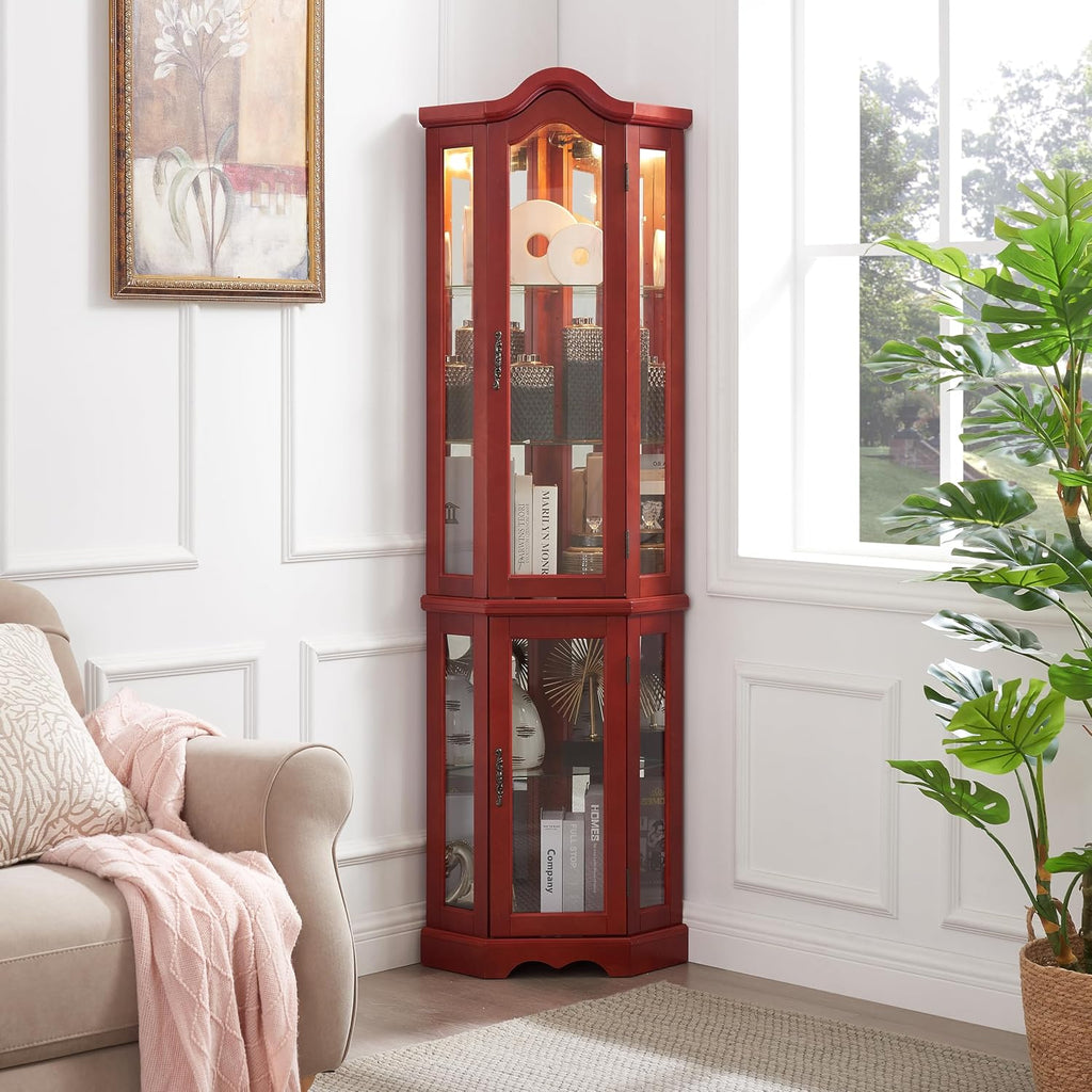 Classic Corner Curio Cabinet with Lights, Glass Display Cabinet for Living Room - Adjustable Tempered Glass Shelves, Wall Mountable, Cherry Finish (Cherry)