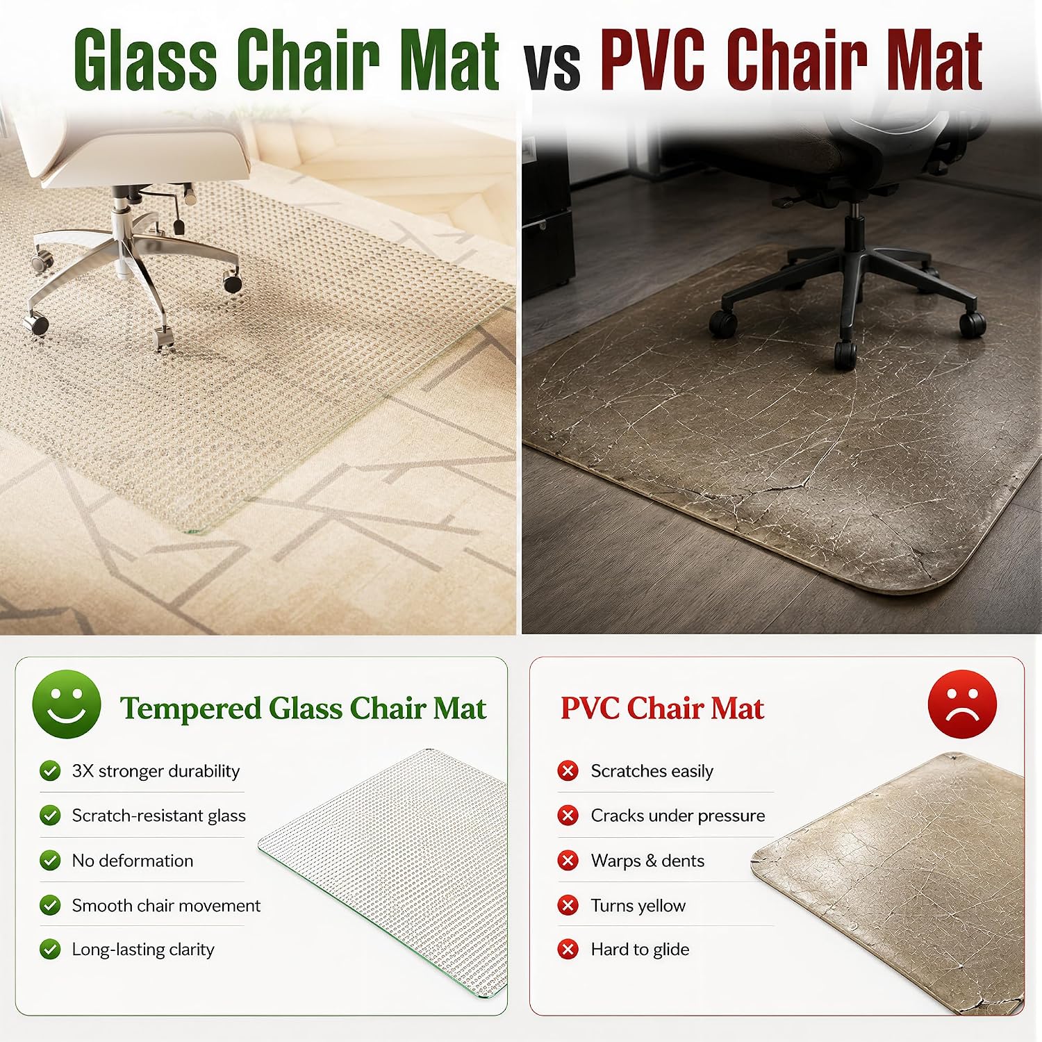 VETROUVE 46' x 55' Glass Chair Mat for Carpet, Single-Sided Textured Heavy Duty Hard Tempered Glass Desk Office Mat with 4 Anti-Slip Pads, 1/5' Thick, Smooth Rolling, Scratch Resistant