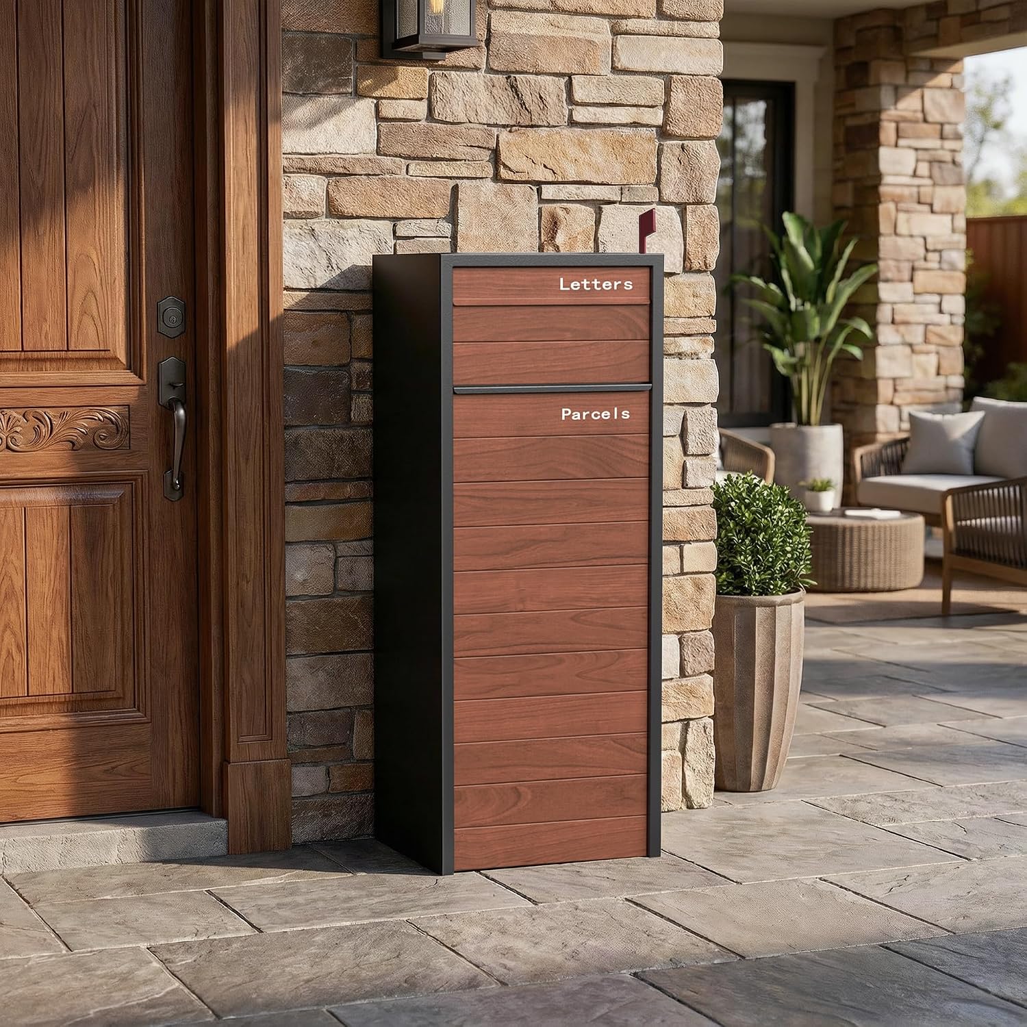 Merapi Large Parcel Drop Box for Outside – Fully Assembled Package Delivery Box with Rear Access – Weather-Resistant Galvanized Steel Locking Mailbox for Porch & Curbside (Oak-Grain Steel)