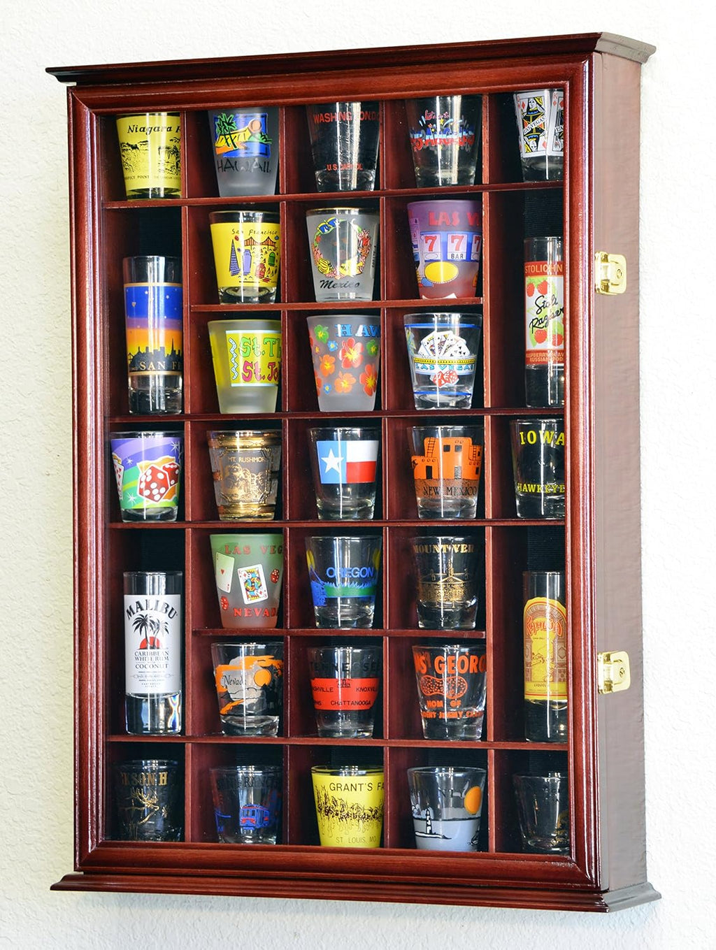 31 Shot Glass Shotglass Shooter Display Case Holder Cabinet Wall Rack -Cherry