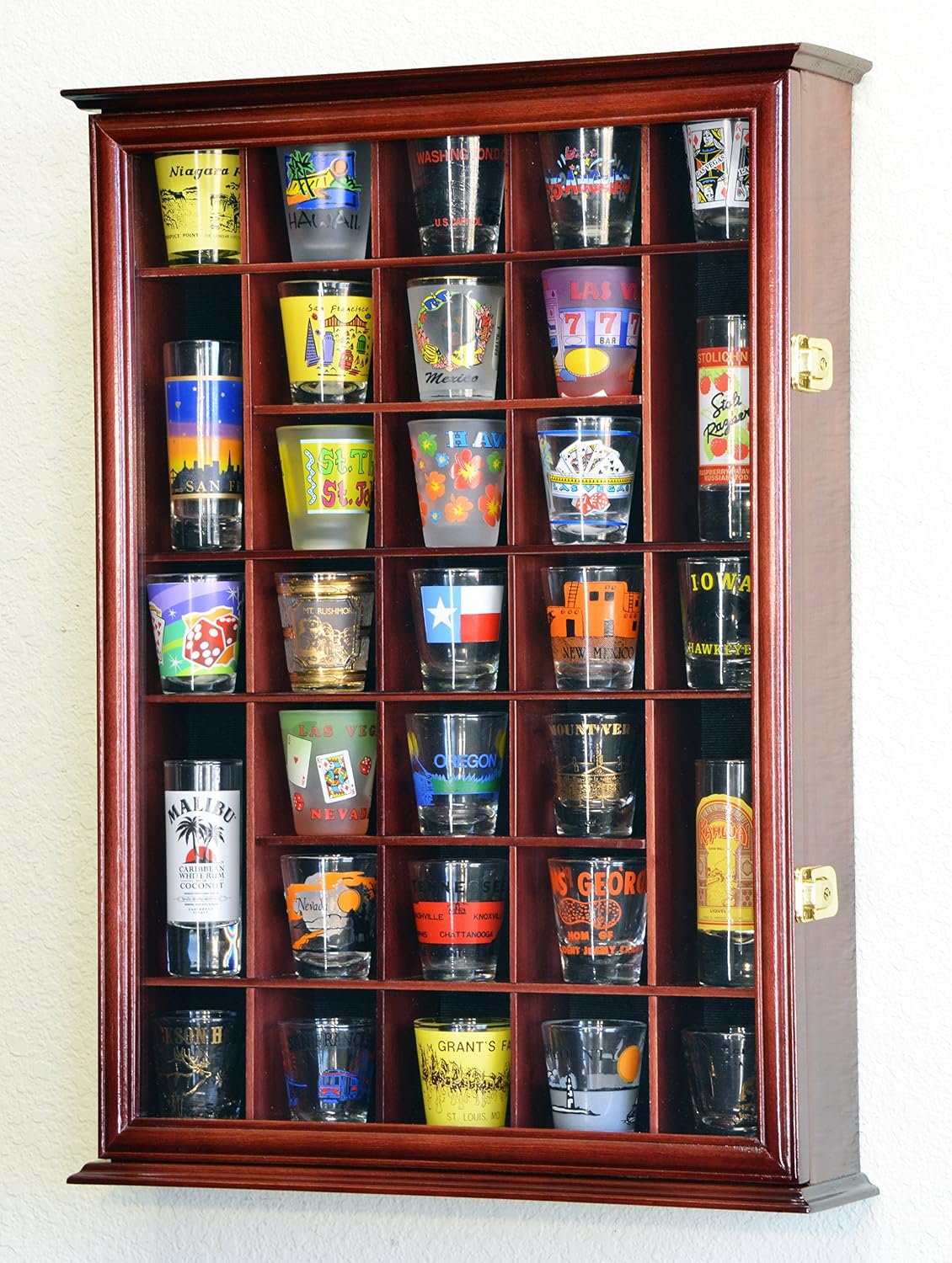 31 Shot Glass Shotglass Shooter Display Case Holder Cabinet Wall Rack -Cherry