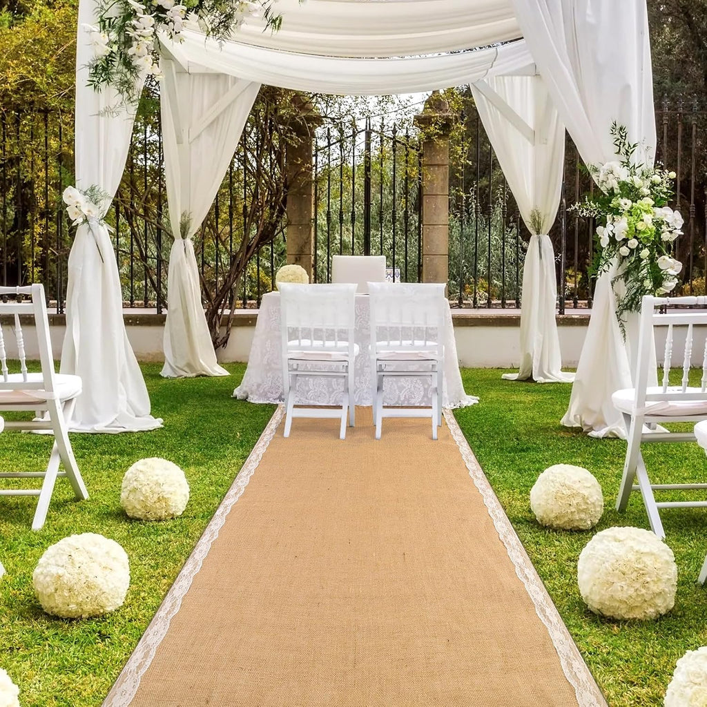 AK TRADING CO. 40' Wide Natural Burlap Wedding Aisle Runner with Ivory Lace - 40' Wide x 50 feet Long