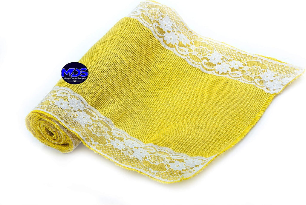 MDS Pack of 15 Wedding 12 x 108 inch Burlap Lace Hessian Table Runner Rustic Yellow Jute Country Vintage for Wedding Banquet Decoration – Yellow Lace Jute Burlap