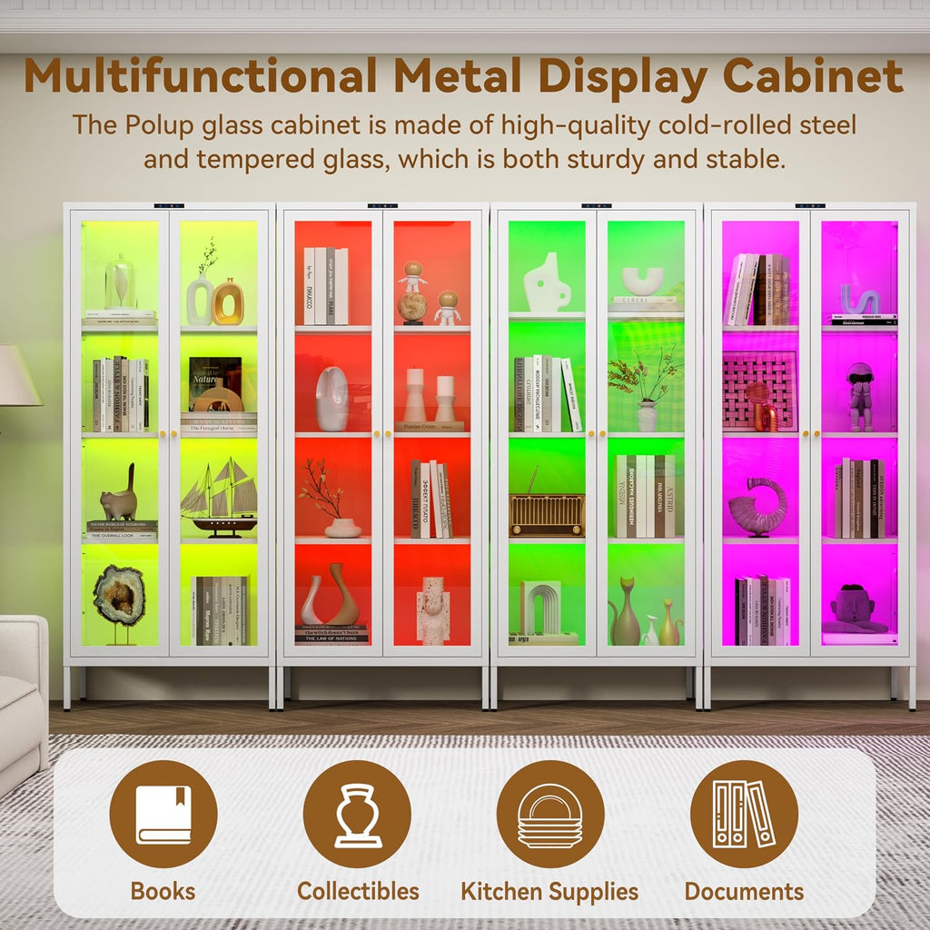 Polup Glass Display Cabinet with Glass Doors, Metal Curio Cabinet with 8-Color LED Lights, 66 Inch Tall Display Case for Collectibles, White Glass Cabinet for Living Room, Assembly Required