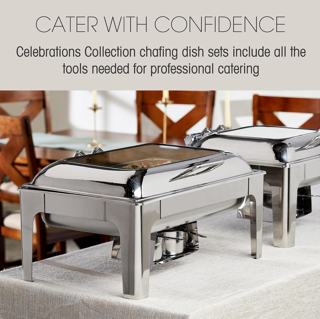 Denmark Tools for Cooks Celebrations Cookware Collection 6 Piece 9.5-Quart Heavy Gauge Stainless Steel Rectangular Chafing Dish Set with Hydraulic Soft Close Glass Lid for Entertaining & Catering