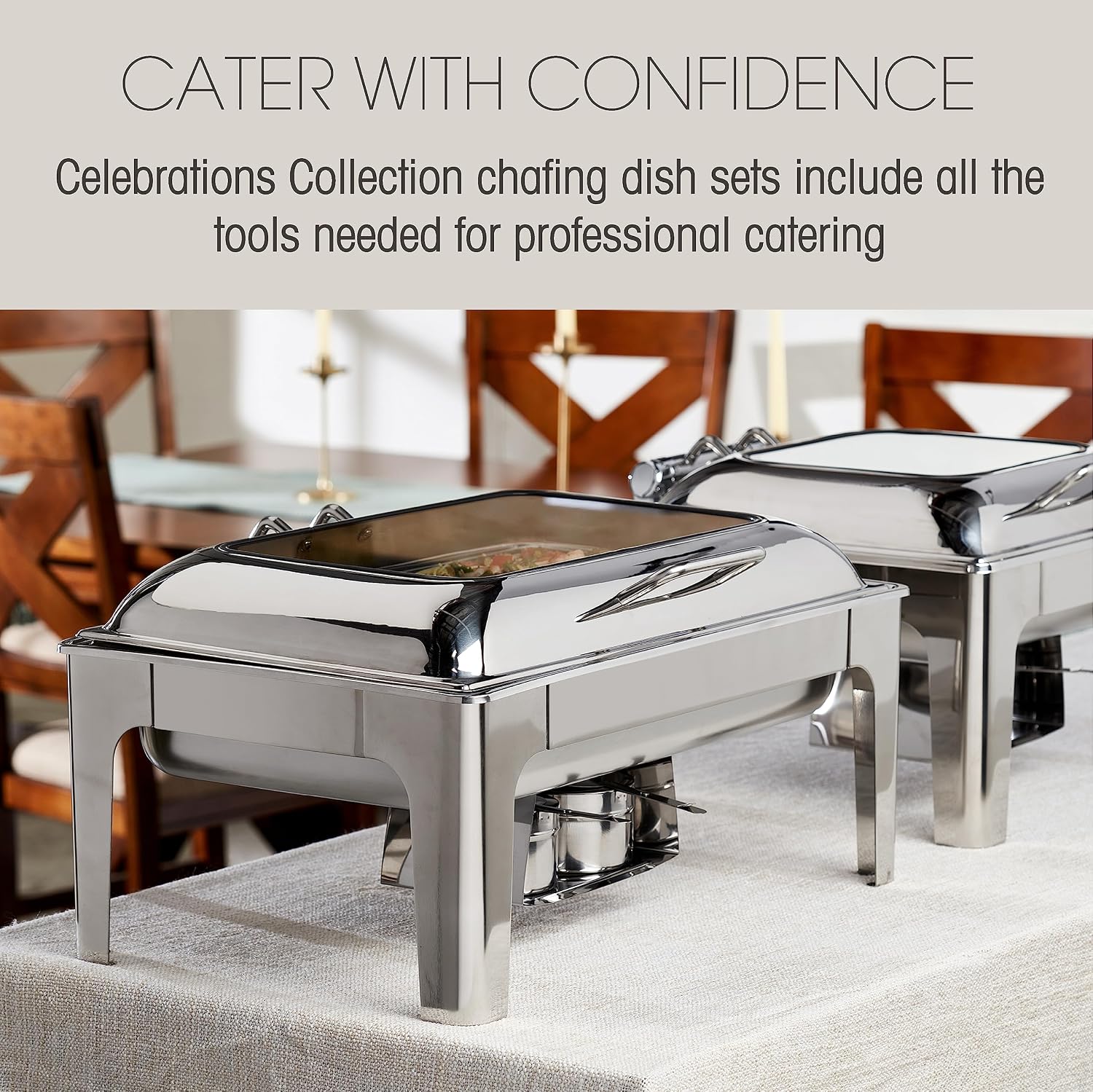 Denmark Tools for Cooks Celebrations Cookware Collection 6 Piece 9.5-Quart Heavy Gauge Stainless Steel Rectangular Chafing Dish Set with Hydraulic Soft Close Glass Lid for Entertaining & Catering