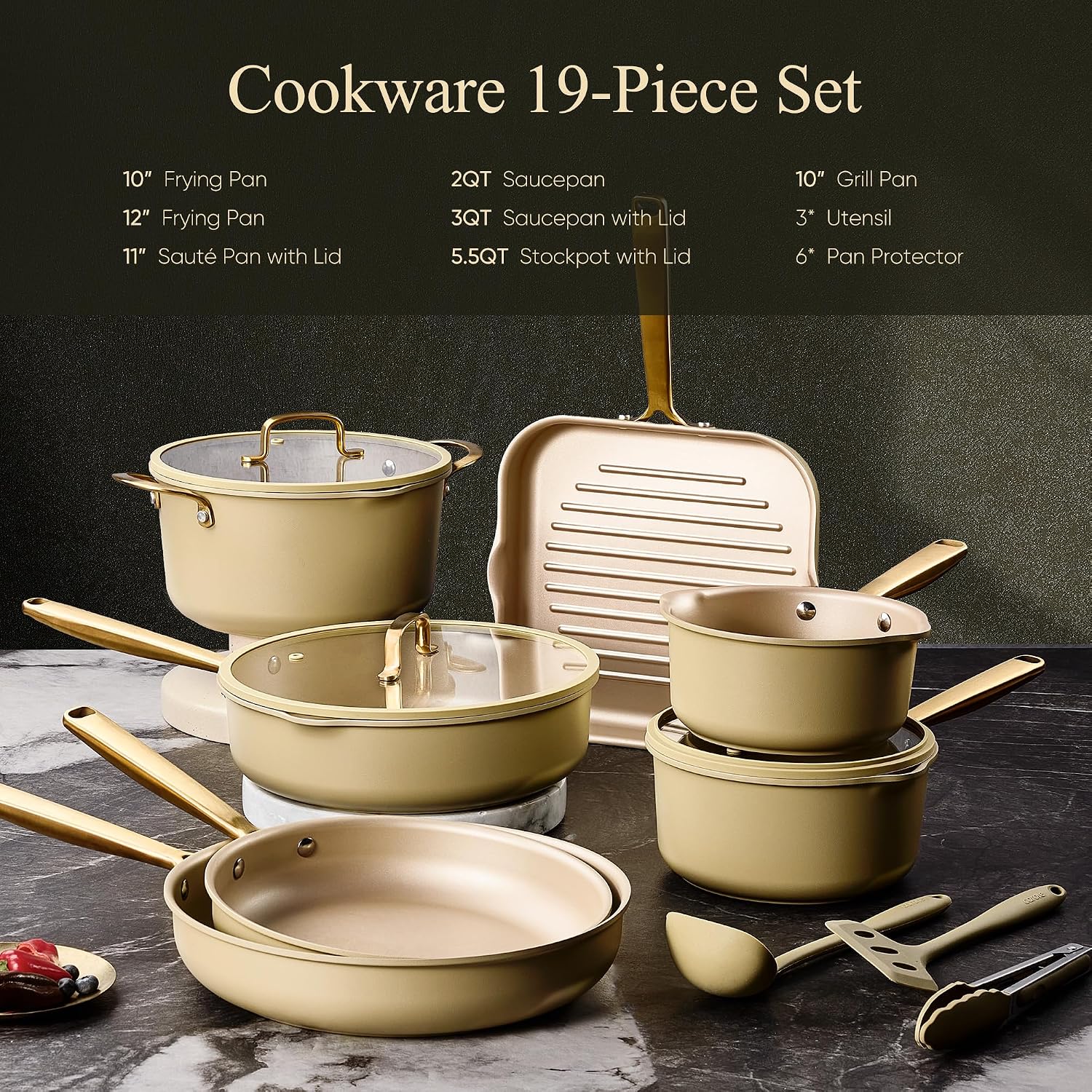 CAROTE 19Pcs Pots and Pans Set, Non Stick Induction Cookware Sets with Durable Cast Steel Handle, Oven-Safe Pots and Pans with Cooking Utensils, PFOS/PFOA Free, Dishwasher Safe, Aluminum