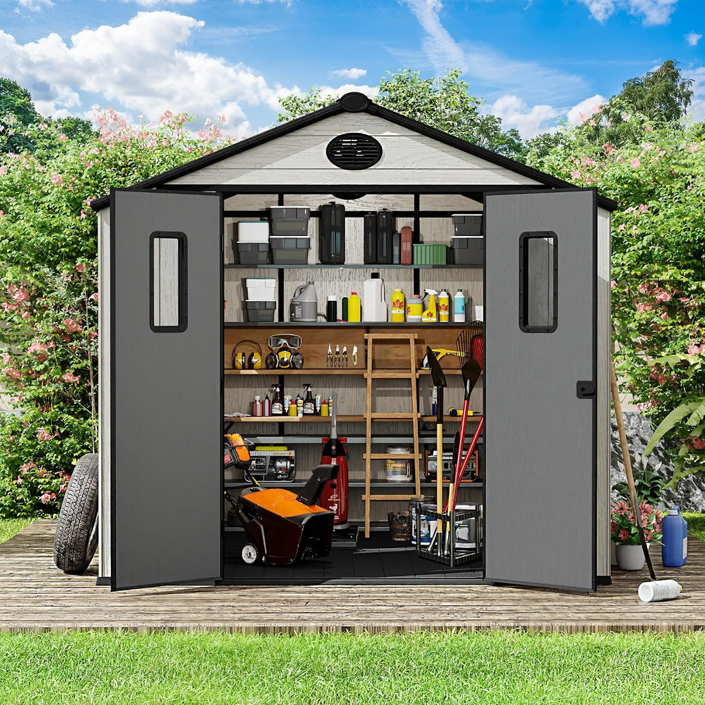 8 x 8 FT Plastic Outdoor Storage Shed with Floor,Garden Resin Shed with Window and Lockable Door, Outside Sheds for Bike, Garbage Can, Tool