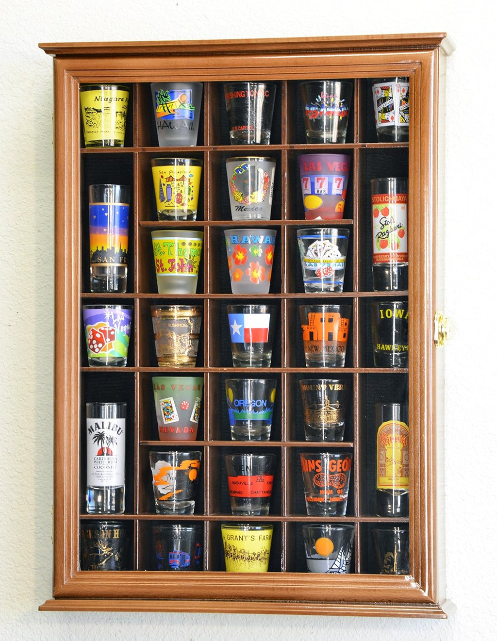 sfDisplay.com,LLC. 31 Shot Glass Shotglass Shooter Display Case Holder Cabinet Wall Rack -Walnut