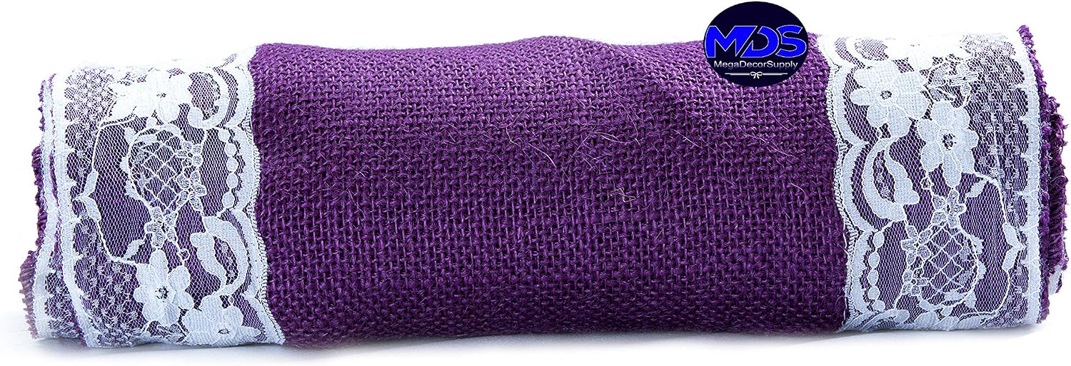 MDS Pack of 20 Wedding 12 x 108 inch Burlap Lace Hessian Table Runner Rustic Purple Jute Country Vintage for Wedding Banquet Decoration – Purple Lace Jute Burlap