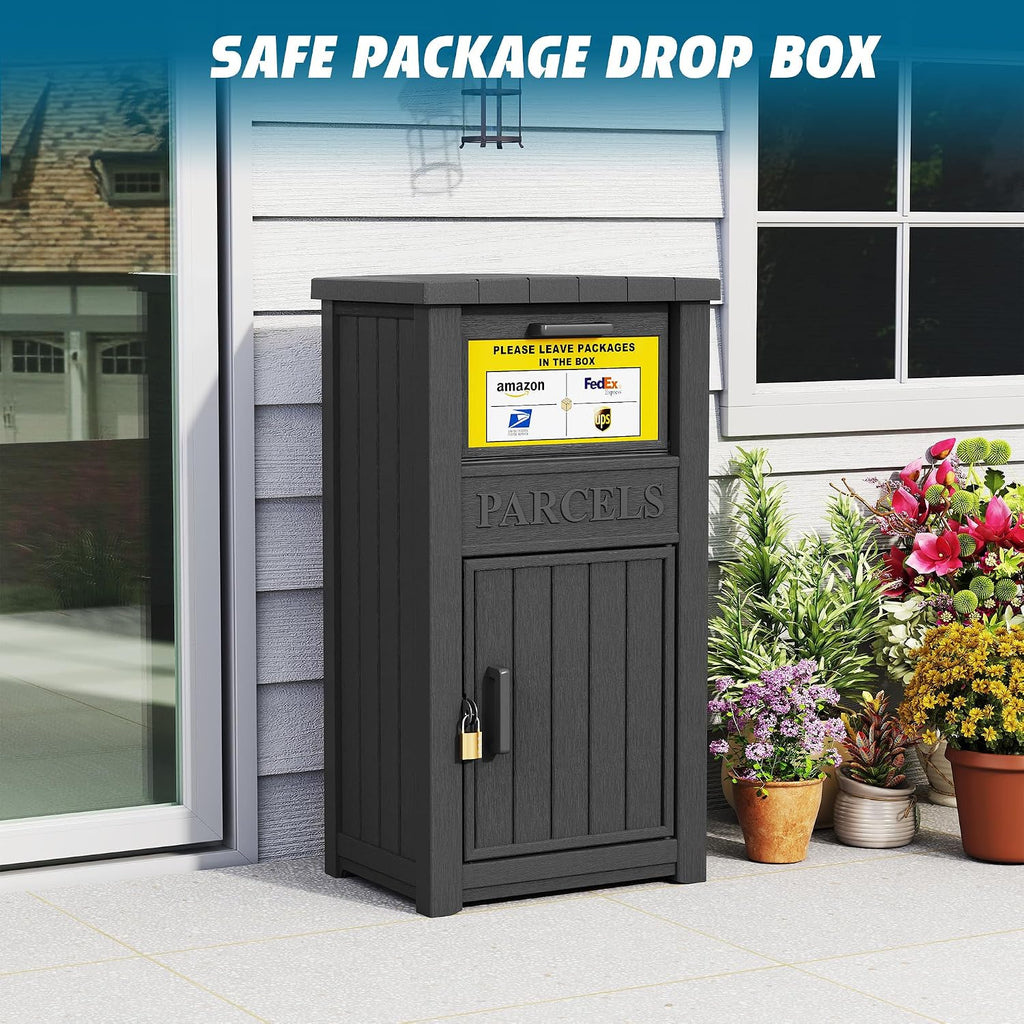 LHBGO Package Delivery Box with Sign, Lockable & Weatherproof Anti-Theft Parcel Delivery Box for Porch, Curbside, Patio，Black
