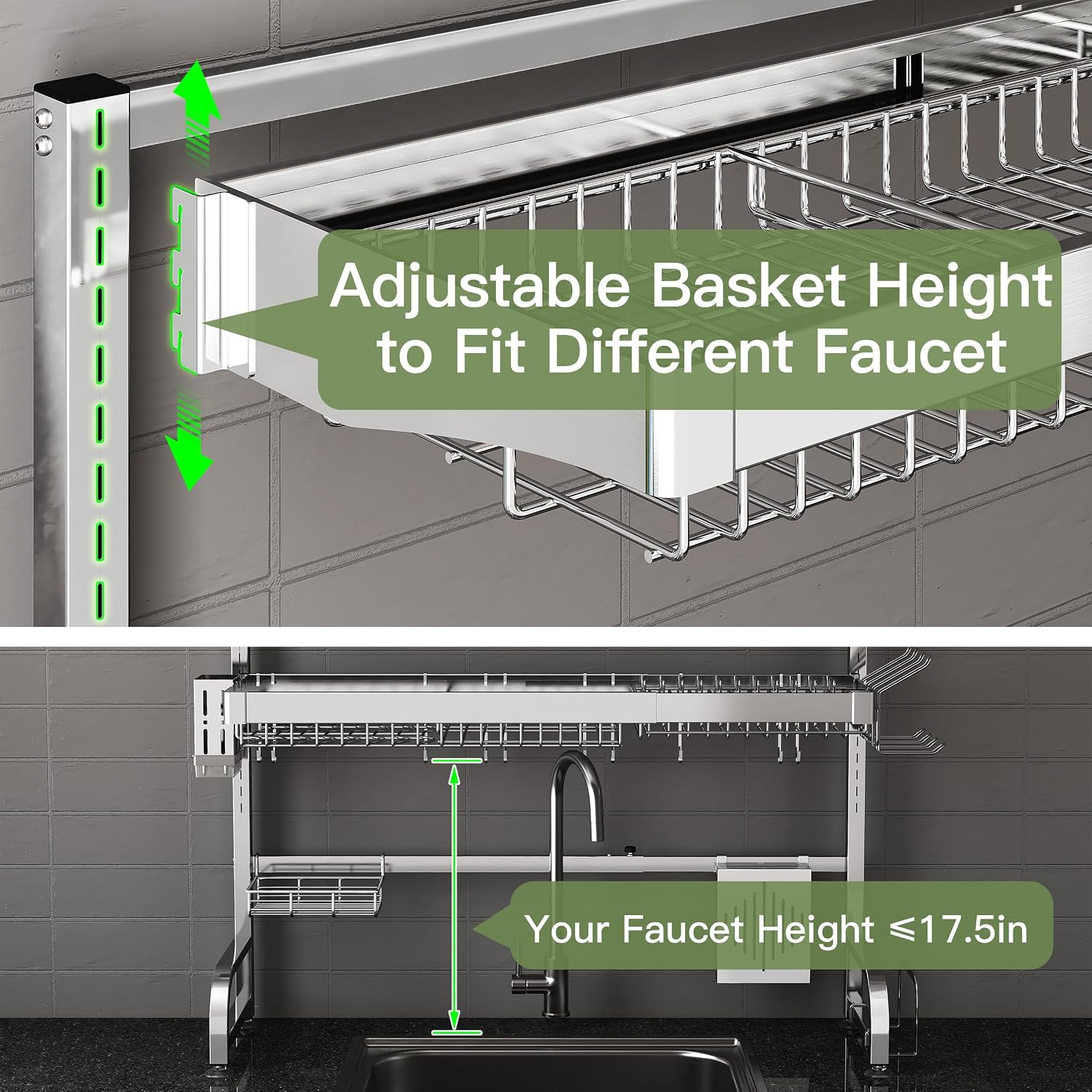 3 Tier Extra Large Stainless Steel Expandable Over The Sink Dish Drainer Drying Rack, Rust Proof Metal, Space Saving, Modern Silver Big Capacity Extendable Plate Strainers Above Kitchen Counter