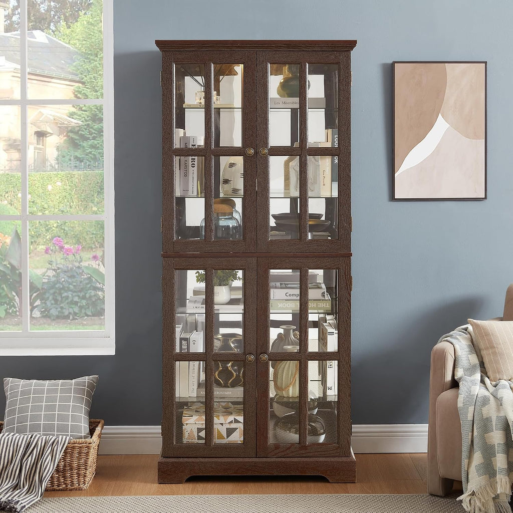 68' H Lighted Curio Display Cabinet Display Case,Wooden Glass Cabinet w/ 4 Glass Doors & Adjustable Shelves, 6 Tier Vintage Accent Storage Case w/Mirrored Back Pane for Home (Cherry)