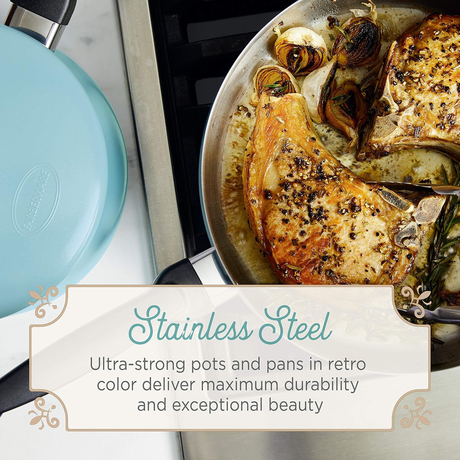 Farberware 120 Limited Edition Stainless Steel Cookware Pots and Pans Set with Prestige Kitchen Tools, 10 Piece, Aqua Blue