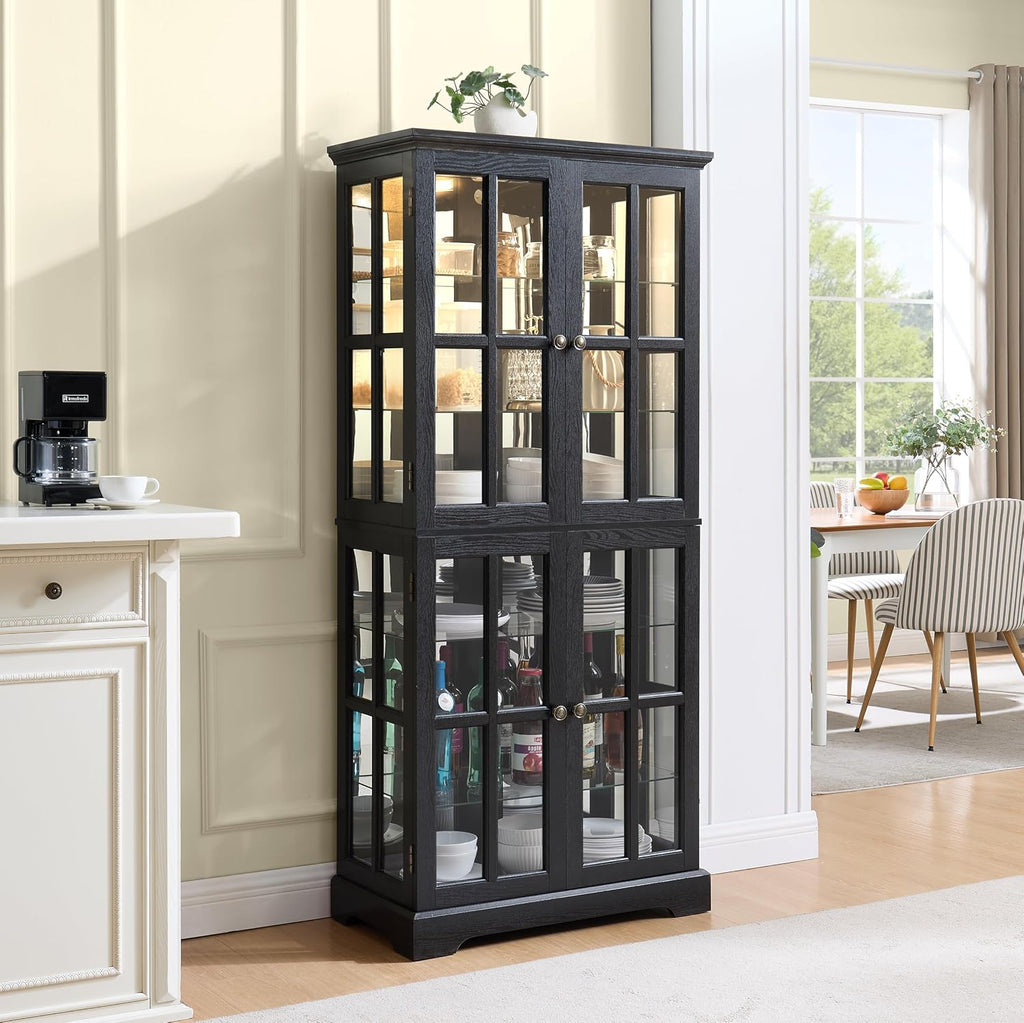 68' H Lighted Curio Display Cabinet Display Case,Wooden Glass Cabinet w/ 4 Adjustable Shelves & Glass Doors, 6 Tier Vintage Accent Storage Case w/Mirrored Back Pane for Home (Black)