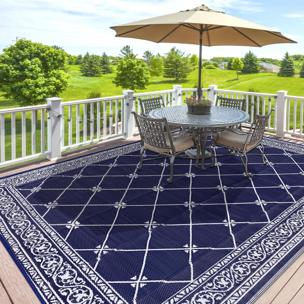 Outdoor Rug 10'x14' for Patios Waterproof Patio Rugs Outdoor Mats for Front Porch,Beach Mat,Reversible Plastic Straw Camping Rugs for Outside RV,Deck,Balcony,Backyard Navy Blue