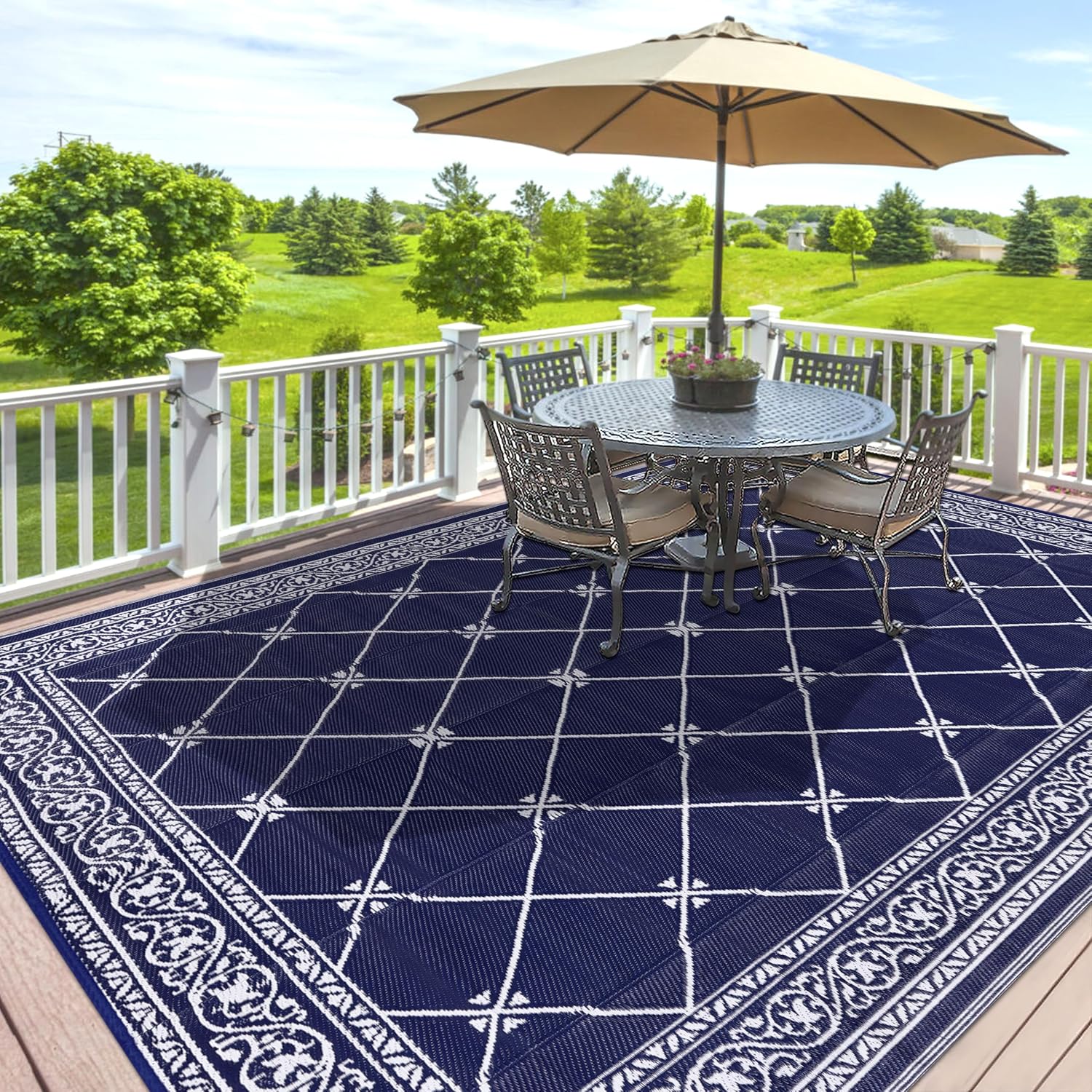 Outdoor Rug 10'x14' for Patios Waterproof Patio Rugs Outdoor Mats for Front Porch,Beach Mat,Reversible Plastic Straw Camping Rugs for Outside RV,Deck,Balcony,Backyard Navy Blue