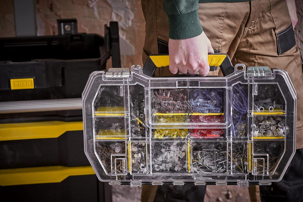 STANLEY 2-in-1 Rolling Workshop Tool Box Empty Tool Box (53 x 75.60 x 32 cm, Tool Carrier with Organiser Attachment, with Two Large Compartments, Telescopic Handle, Made of Robust Plastic) STST1-79231