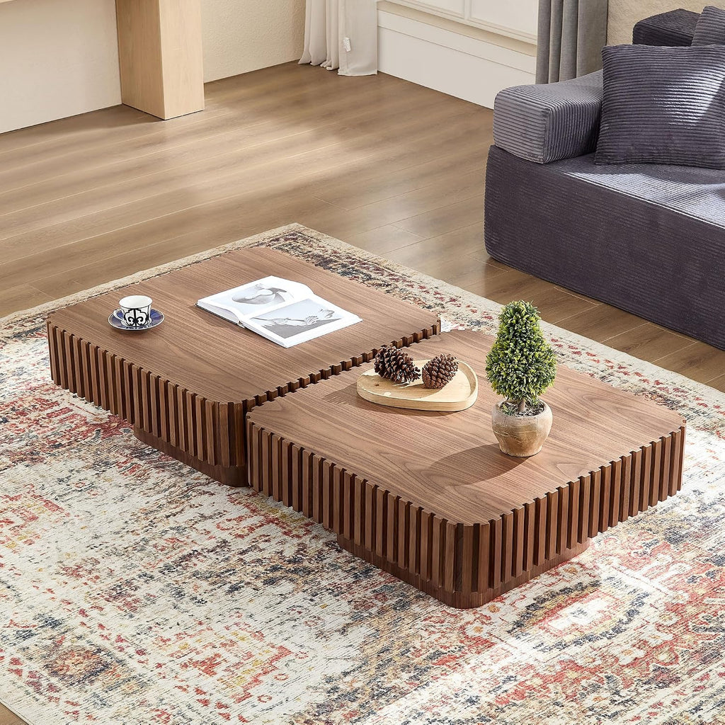 31.49'' Square Coffee Table Set of 2 for Living Room, Modern Wood Drum Pedestal Flute Embossment Coffee Table, Easy Assembly (Walnut, 2-Pcs)