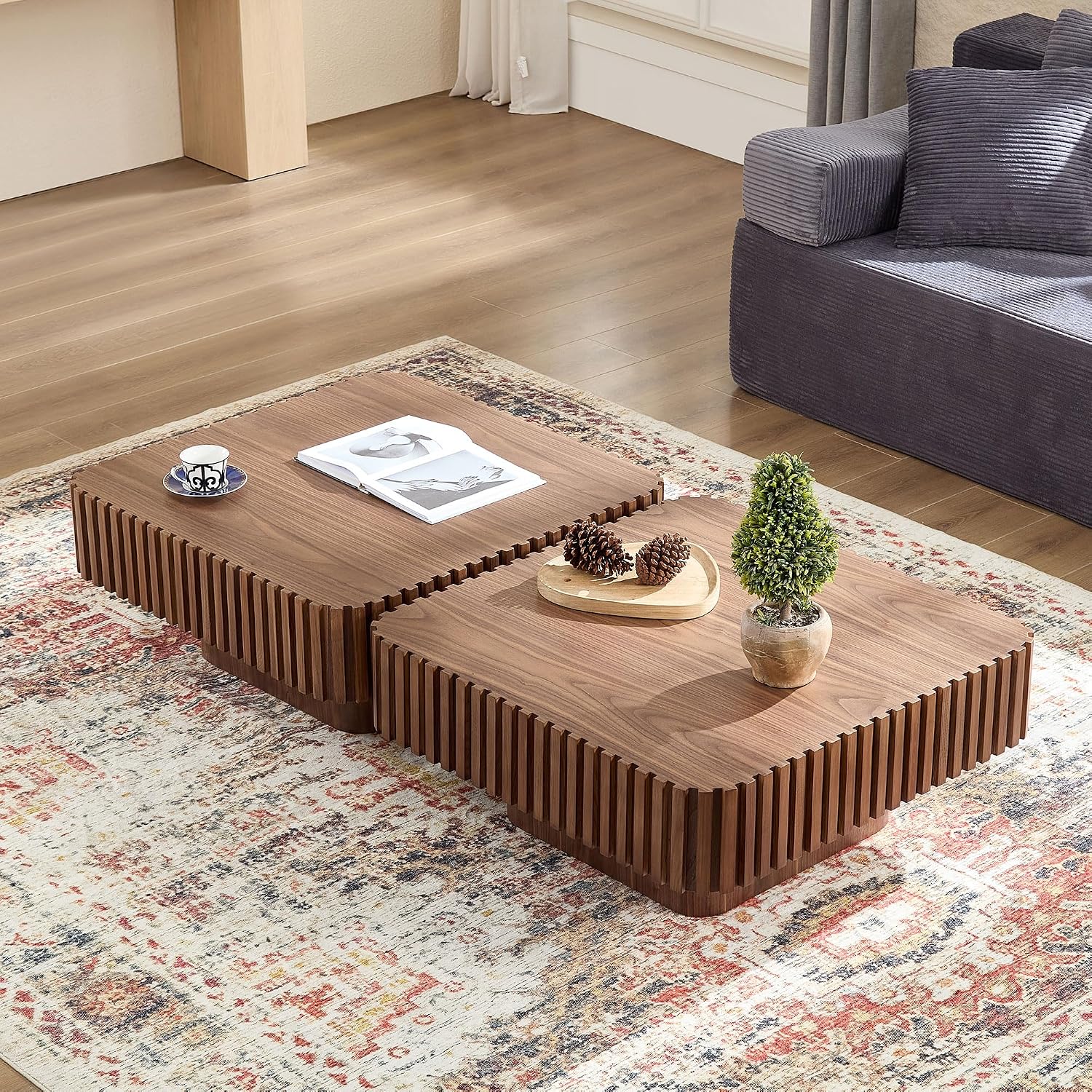 31.49'' Square Coffee Table Set of 2 for Living Room, Modern Wood Drum Pedestal Flute Embossment Coffee Table, Easy Assembly (Walnut, 2-Pcs)