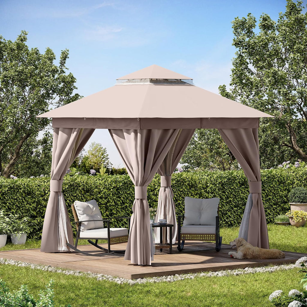 LAUSAINT HOME Patio Gazebo 8'x8', Outdoor Heavy Duty Party Tent Shelter with Double Roofs, Mosquito Nettings and Privacy Screens for Backyard, Garden, Lawn, Khaki