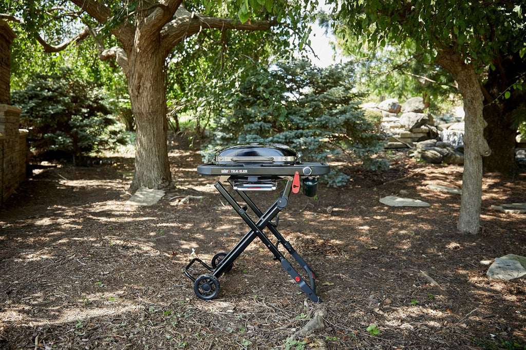 Weber Traveler® Compact Portable Gas Grill (Liquid Propane) for Outdoor Cooking – Black, Porcelain-Enameled Lid, Side Table, Folding Portable Grill with Wheels for Camping, Tailgating & Travel