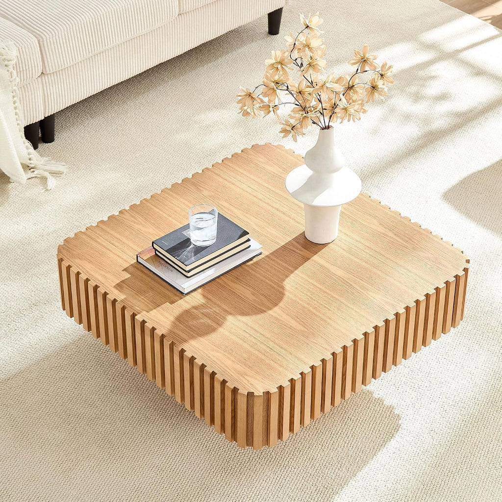 31.49'' Square Coffee Table Set of 2 for Living Room, Modern Wood Drum Pedestal Flute Embossment Coffee Table, Easy Assembly (Natural, 2-Pcs)