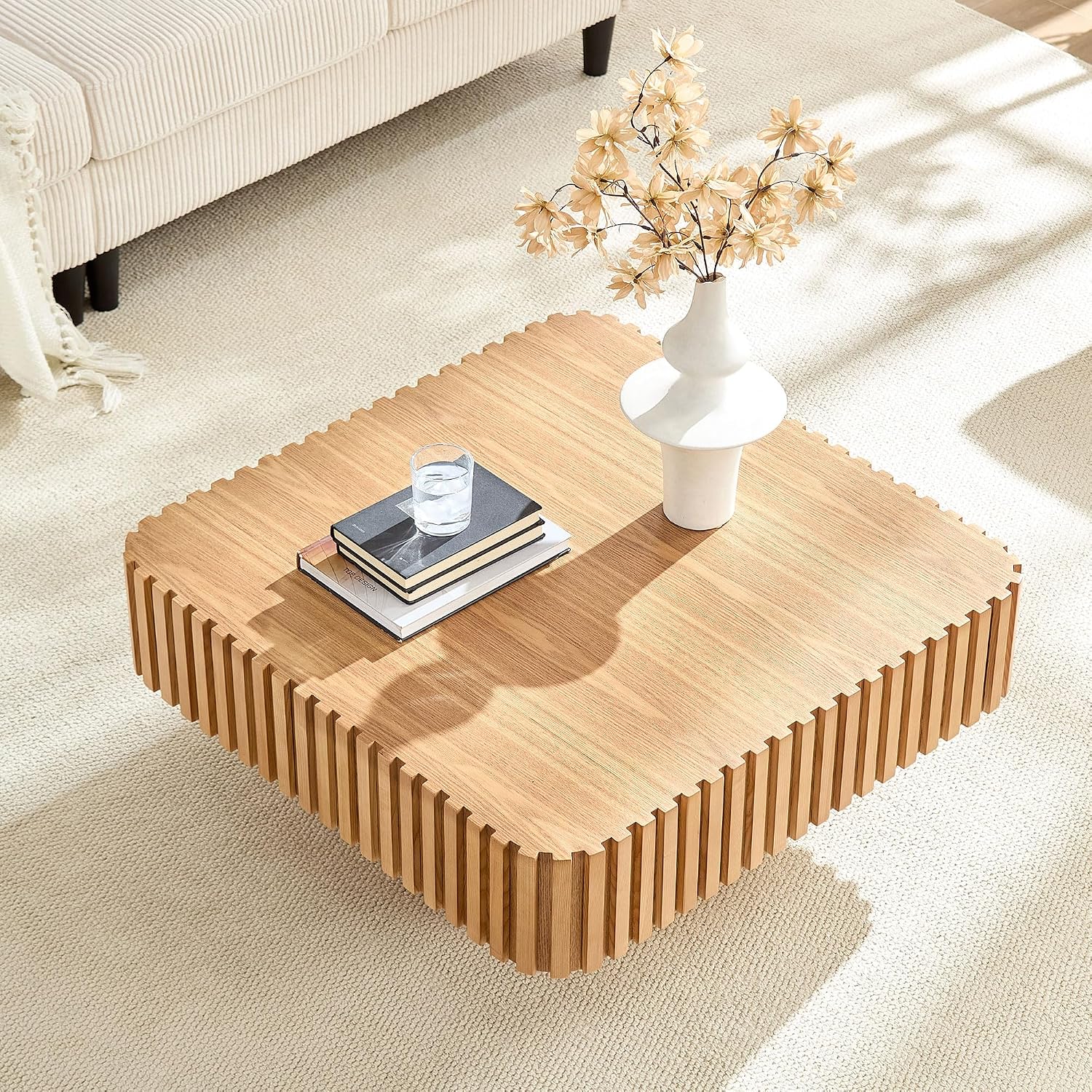 31.49'' Square Coffee Table Set of 2 for Living Room, Modern Wood Drum Pedestal Flute Embossment Coffee Table, Easy Assembly (Natural, 2-Pcs)