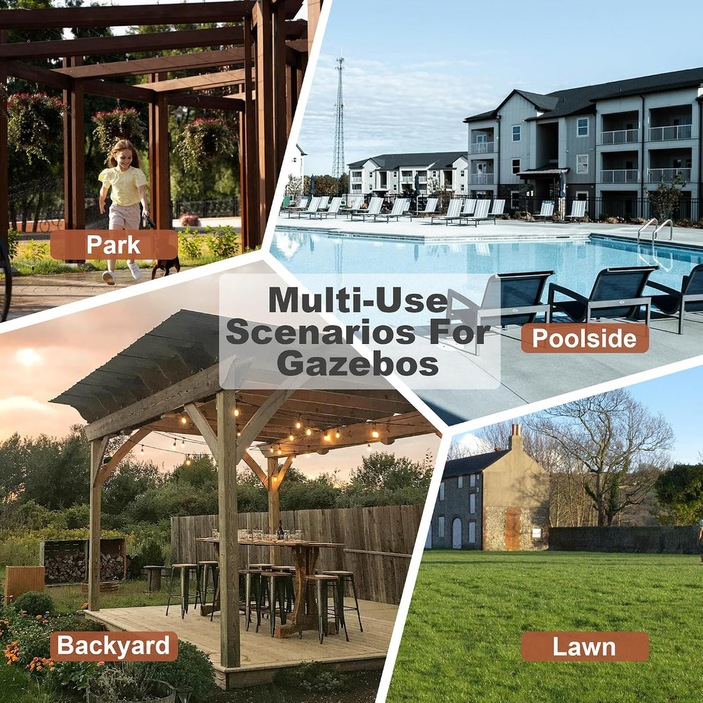 13x6.5ft Wooden BBQ Grill Gazebo with Metal Roof & Bar Counters, Outdoor Pergola with Shelves & Lights for Backyard Patio Poolside