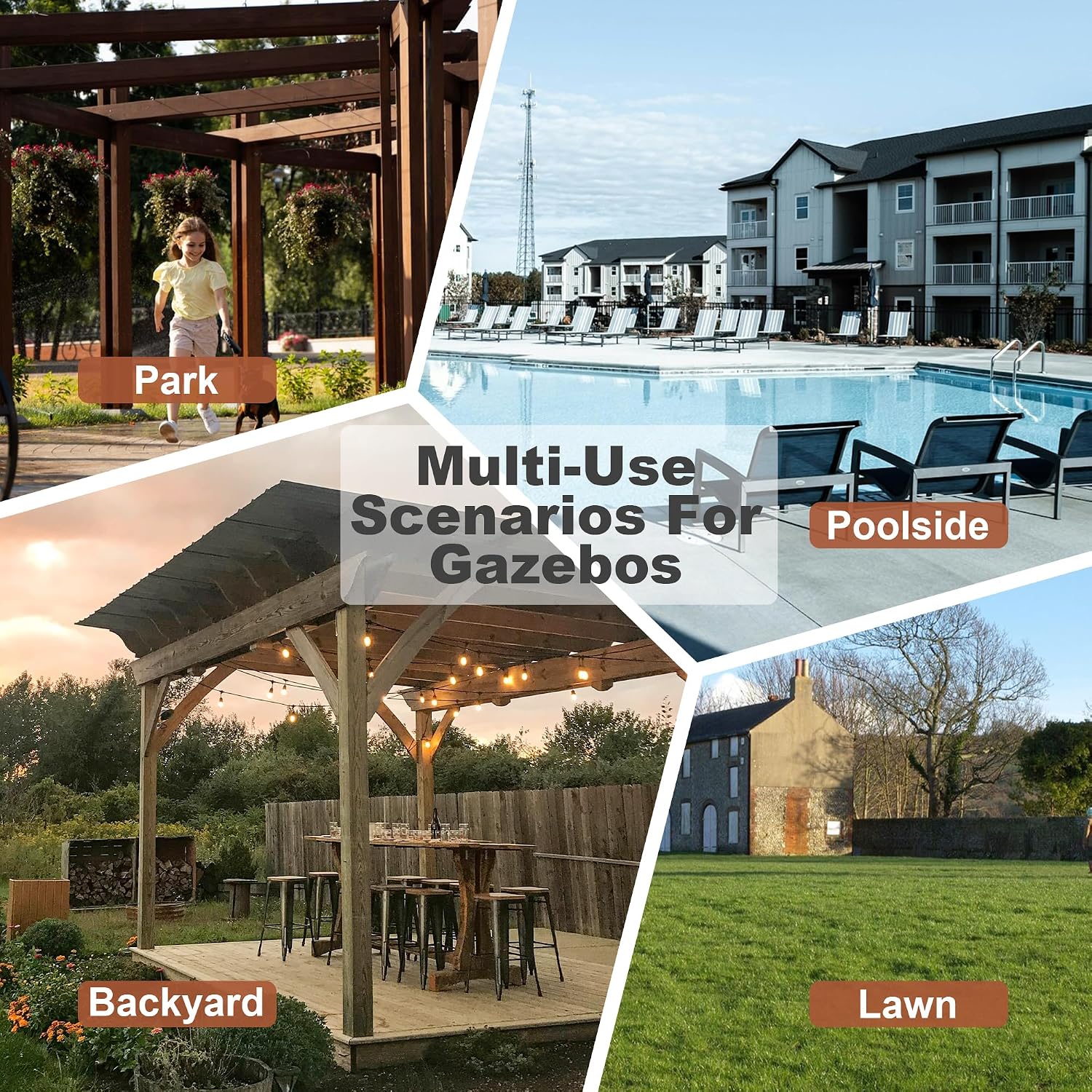 13x6.5ft Wooden BBQ Grill Gazebo with Metal Roof & Bar Counters, Outdoor Pergola with Shelves & Lights for Backyard Patio Poolside