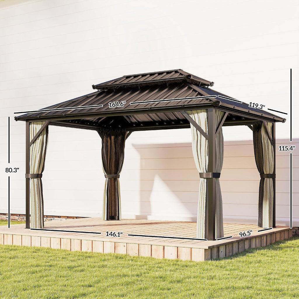 Outsunny 10' x 14' Hardtop Gazebo with UPF50+ Double Galvanized Steel Roof Canopy, Aluminum Frame Permanent Outdoor Gazebo with Curtains and Netting, Ceiling Hooks, Brown