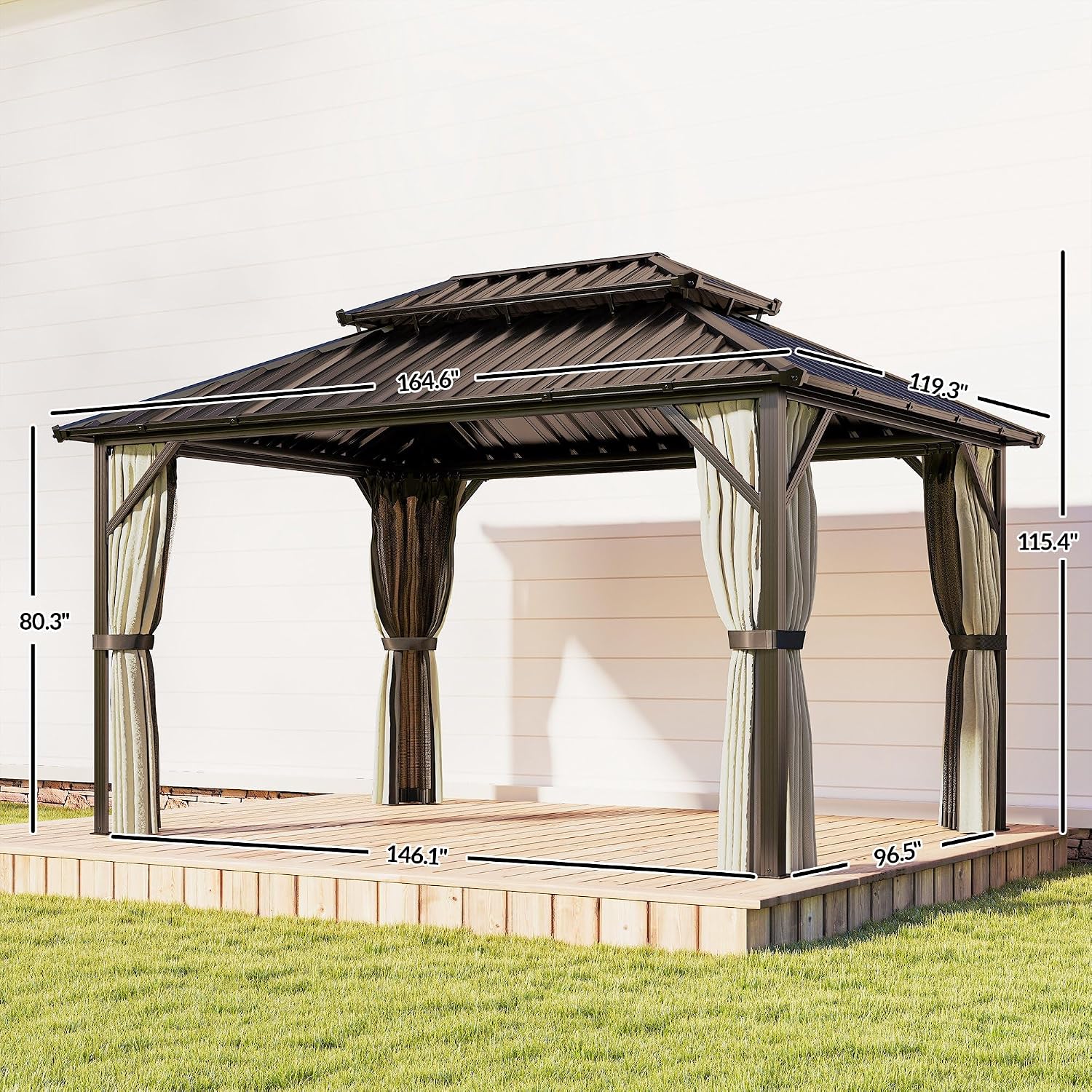 Outsunny 10' x 14' Hardtop Gazebo with UPF50+ Double Galvanized Steel Roof Canopy, Aluminum Frame Permanent Outdoor Gazebo with Curtains and Netting, Ceiling Hooks, Brown