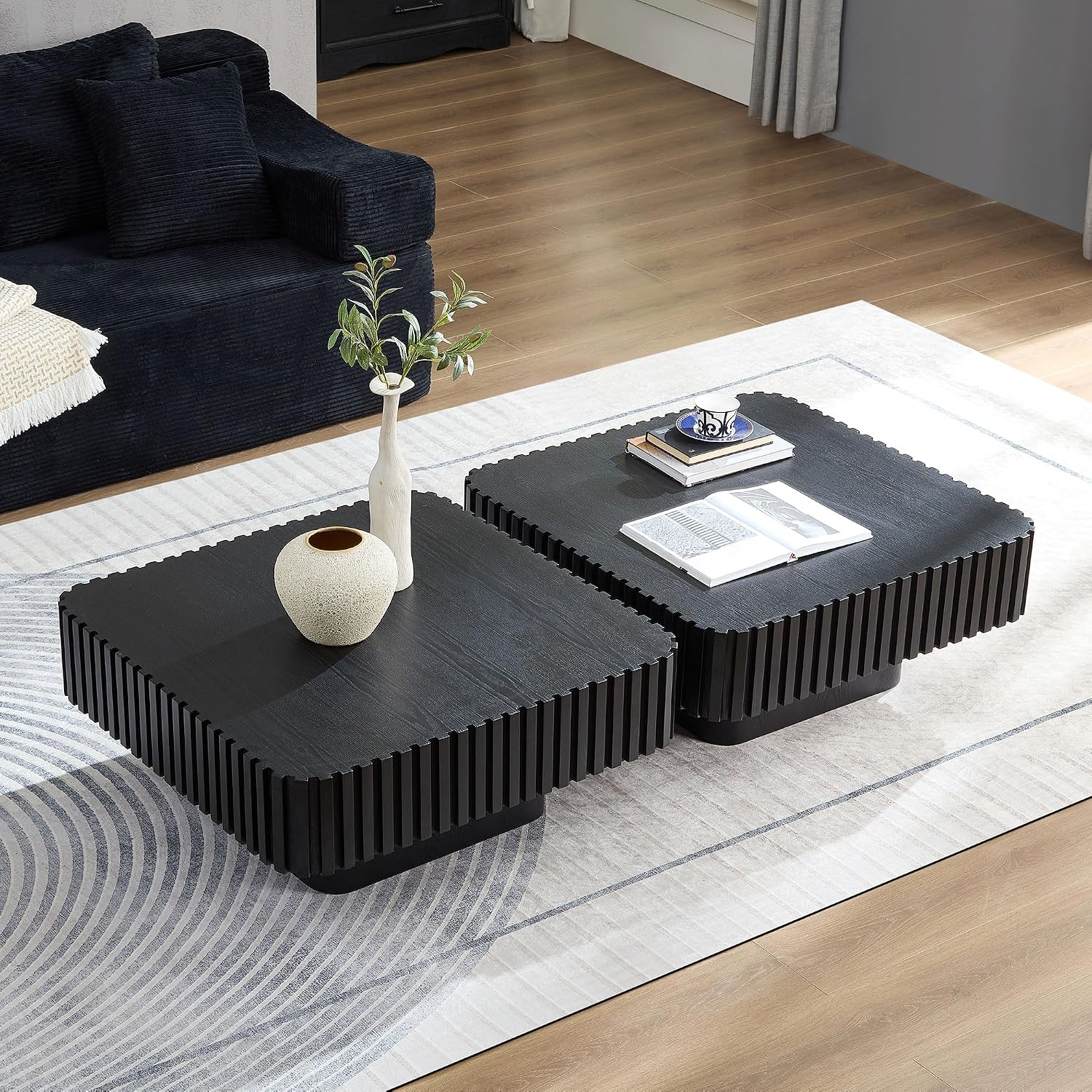 31.49'' Square Coffee Table Set of 2 for Living Room, Modern Wood Drum Pedestal Flute Embossment Coffee Table, Easy Assembly (Black, 2-Pcs)