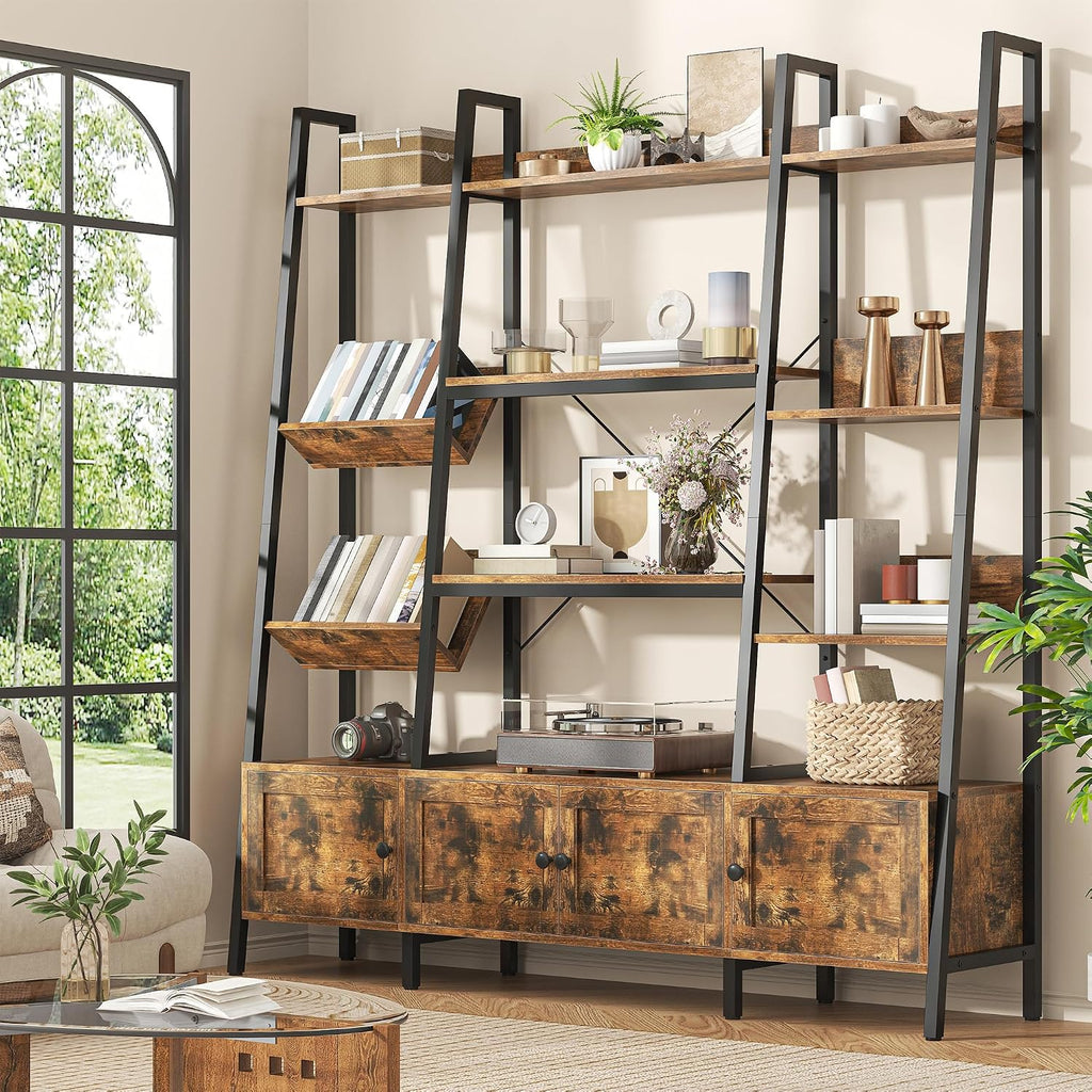 Nosepen Ladder Bookshelf with 4 Doors, 4 Tier Triple Width Large Open Storage Shelving, Industrial Style Capacity Home Office Bookcase with Adjustable Shelves, Display Cabinet Brown