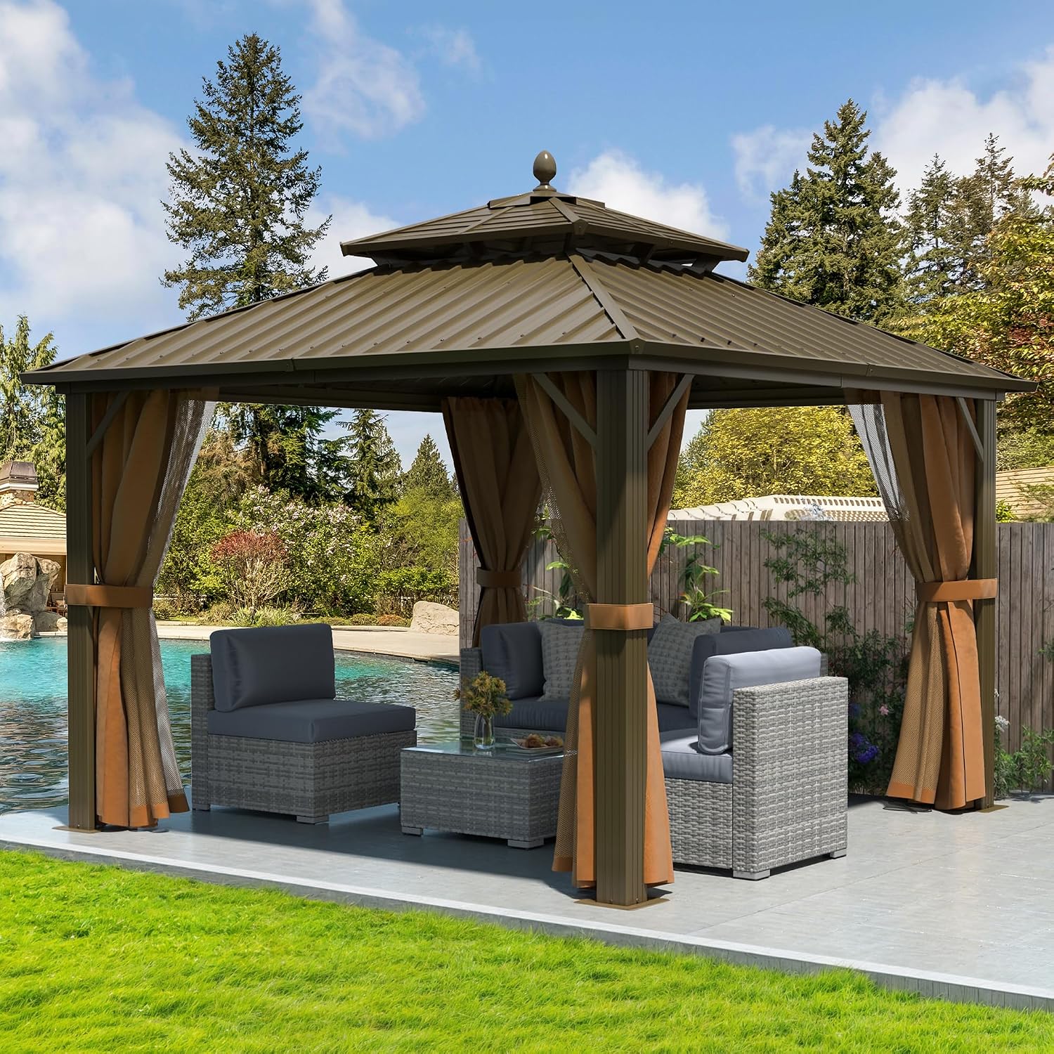 DWVO 10x10ft Hardtop Gazebo Heavy Duty Double Roof with Nettings and Curtains, Galvanized Steel Outdoor Combined of Horizontal Vertical Stripes Roof for Patio, Backyard, Deck, Lawn, Bronze