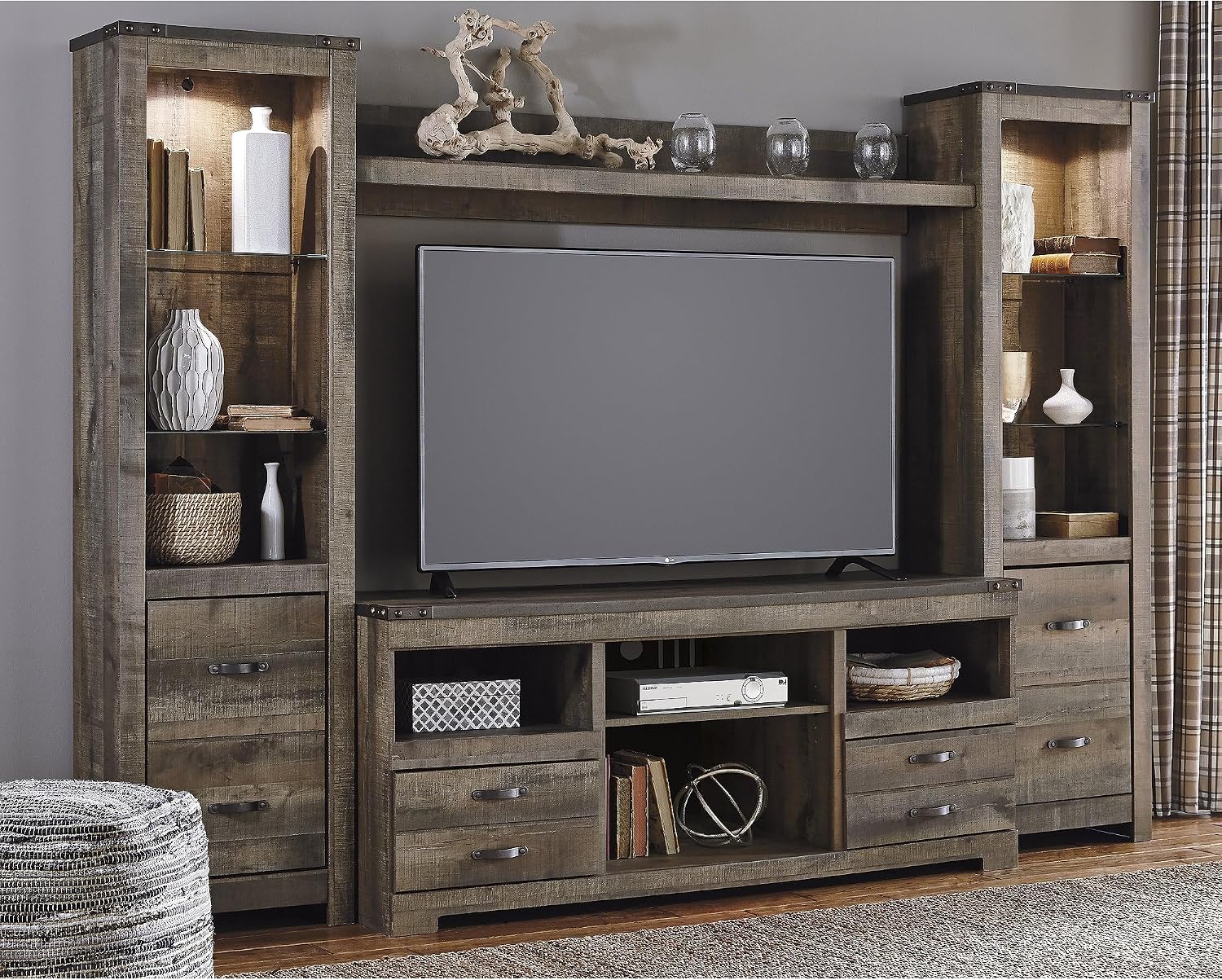Signature Design by Ashley Trinell Urban 4-Piece Entertainment Center for TVs up to 72' with LED Lights, Dark Brown