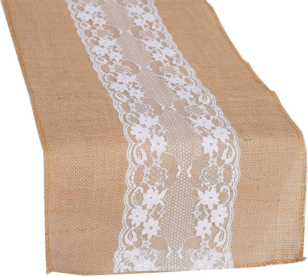 MDS Pack of 15 Wedding 12 x 108 inch Burlap Lace Hessian Table Runner Rustic Natural Jute Country Vintage for Wedding Banquet Decoration – Natural Lace Jute Burlap
